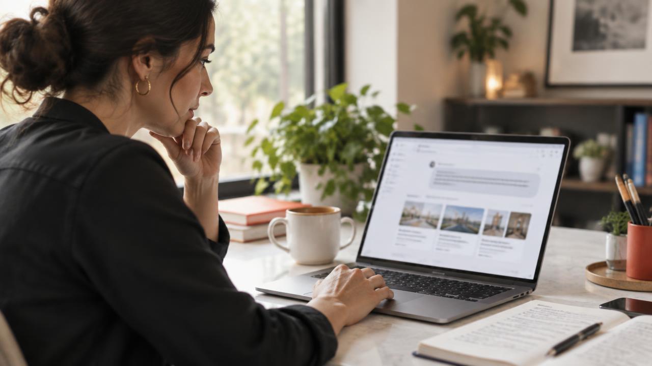 Strategist researching AI search citations on a laptop