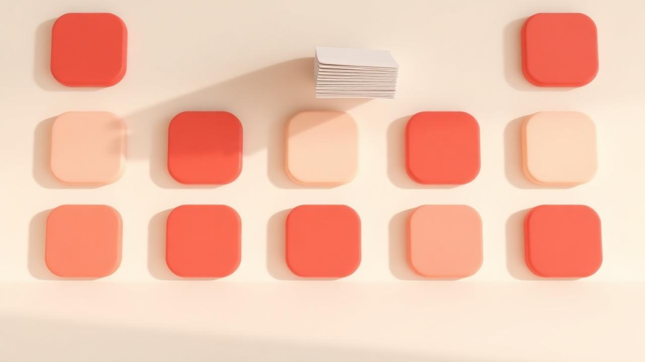 Grid of rounded tiles with a stack of documents, representing a content calendar