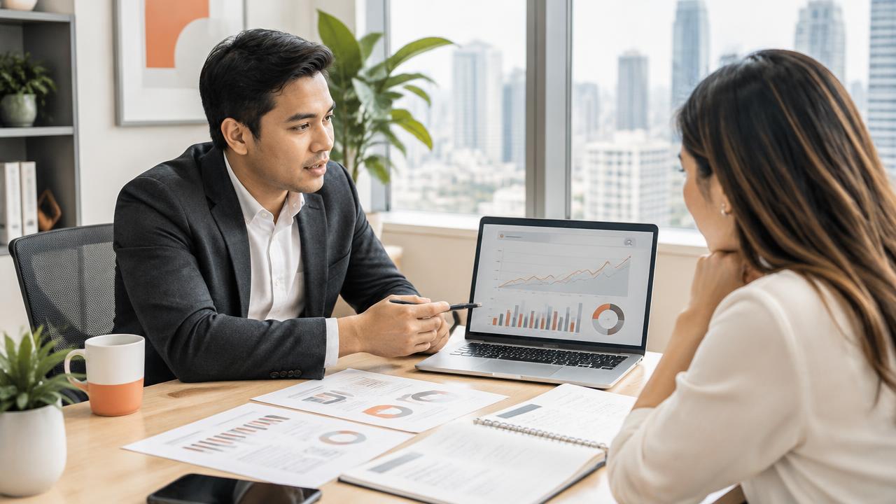 Filipino SEO consultant discussing search performance with a business owner in a Manila office
