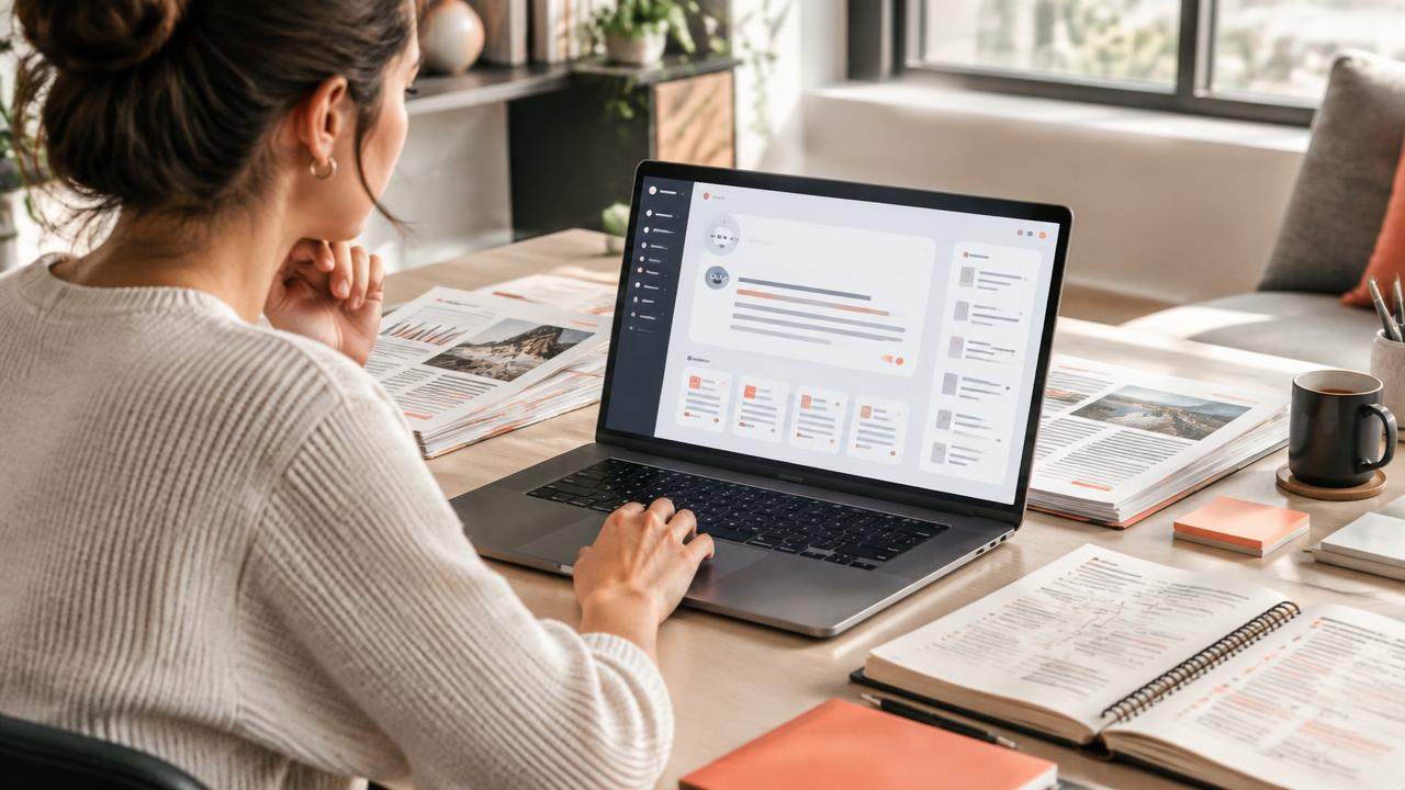 Search strategist researching AI citations on a laptop beside source documents