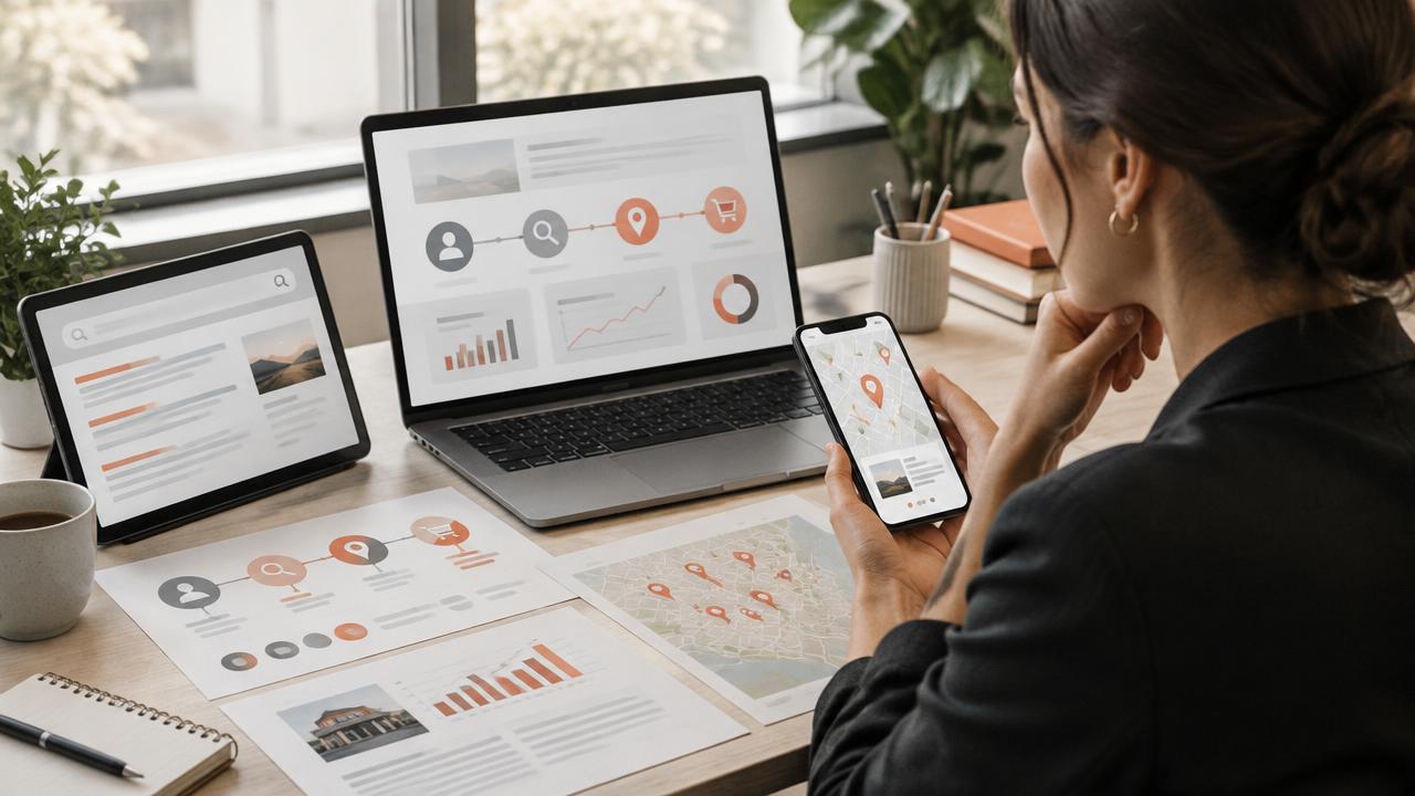Strategist reviewing a customer search journey across laptop, tablet, phone, and printed maps