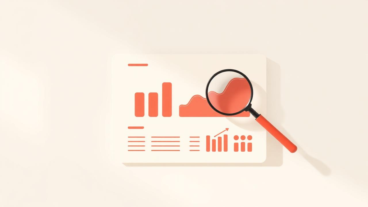 Analytics report card with charts under a magnifying glass