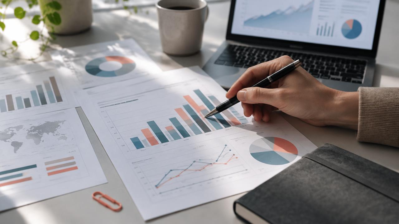 Analyst reviewing printed SEO performance charts with a pen