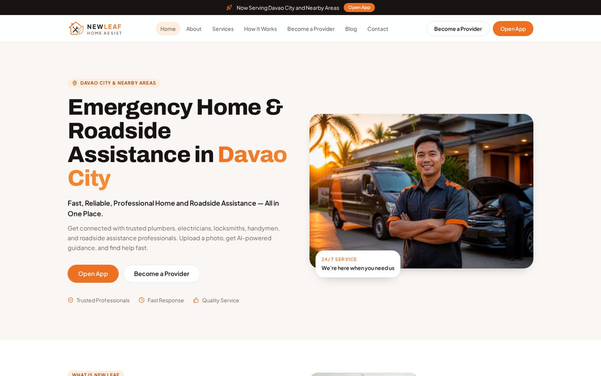 New Leaf Home Assist website homepage, a home services and roadside assistance platform designed in the Philippines
